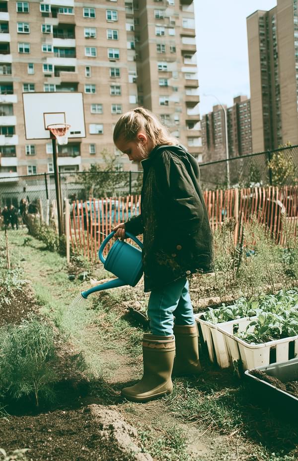 A girl watering plants with a watering can